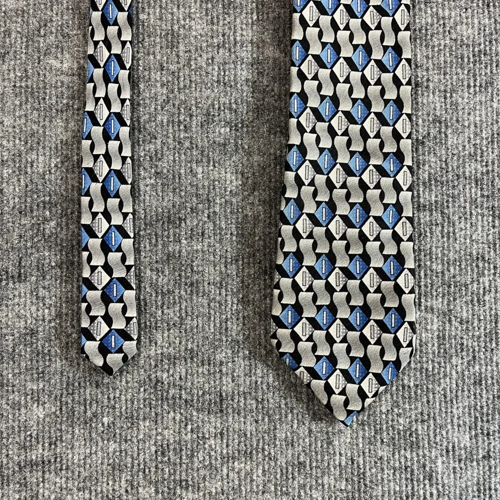 Carlos Devenezia Mens Silk Tie Blue Grey Black Geometric Handmade 60x4